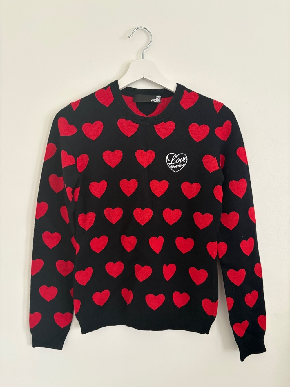 Moschino Black Crewneck Sweater with Red Heart Motif